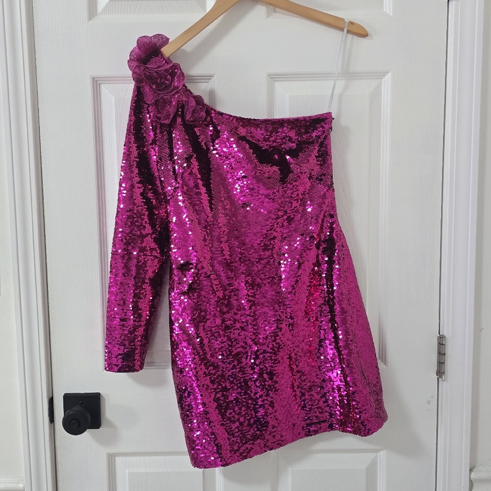 Marchesa Notte Pink Sequin One Shoulder Mini Dress New Size 2 - Picture 2 of 7